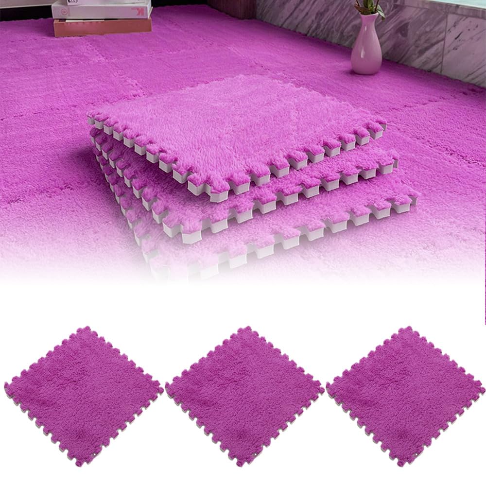 10 Piece Plush Patchwork Foam Floor Mat, 12"" X12 Thick Kids Interlocking Floor Carpet Squares, Plush Puzzle Foam Floor Mat, Fluffy Puzzle Area Rug