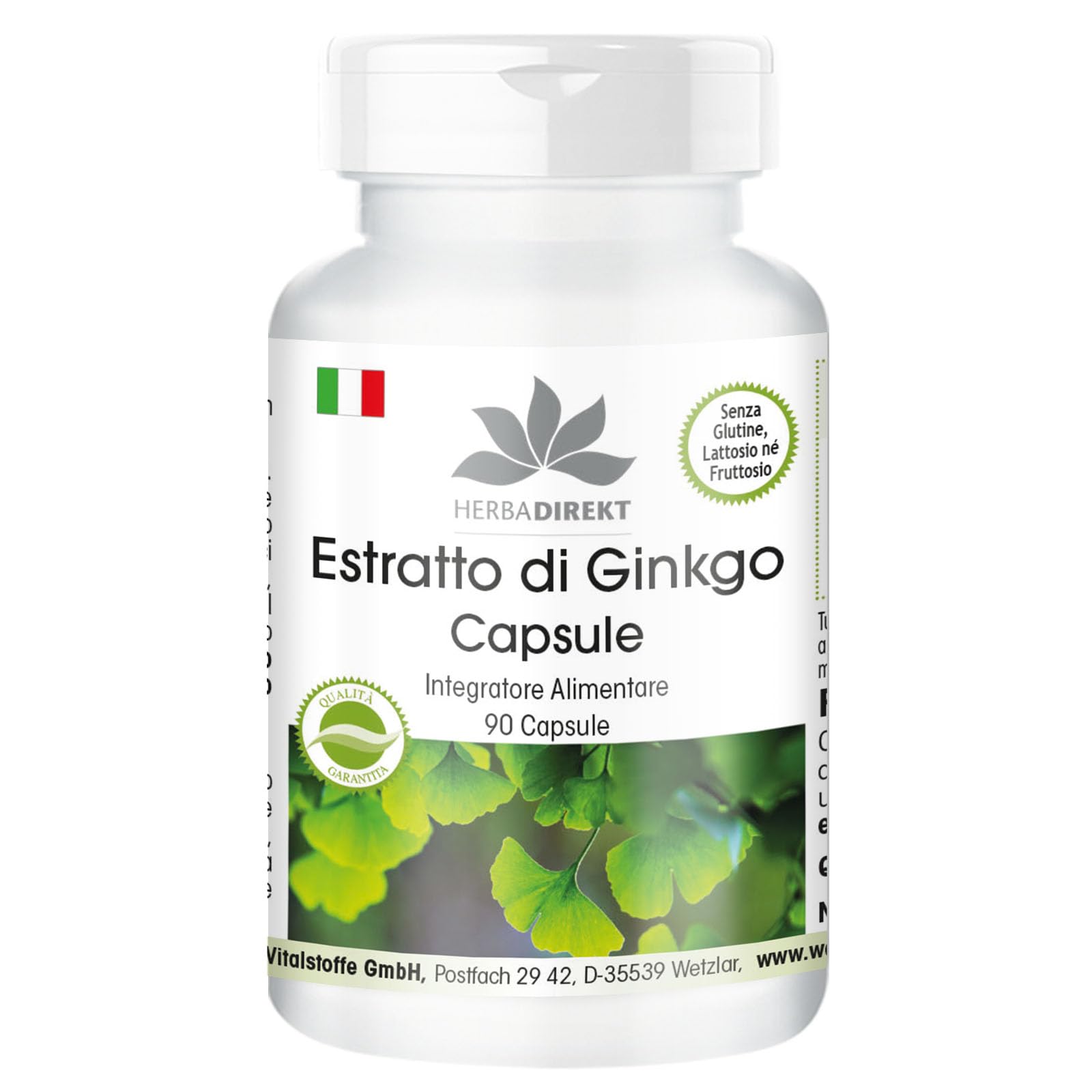 Estratto Ginkgo Biloba capsule 95mg - 90 capsule - almeno 24% di flavoni e almeno 6% di lattoni | HERBADIREKT by Warnke Vitalstoffe - Qualità da farmacia tedesca