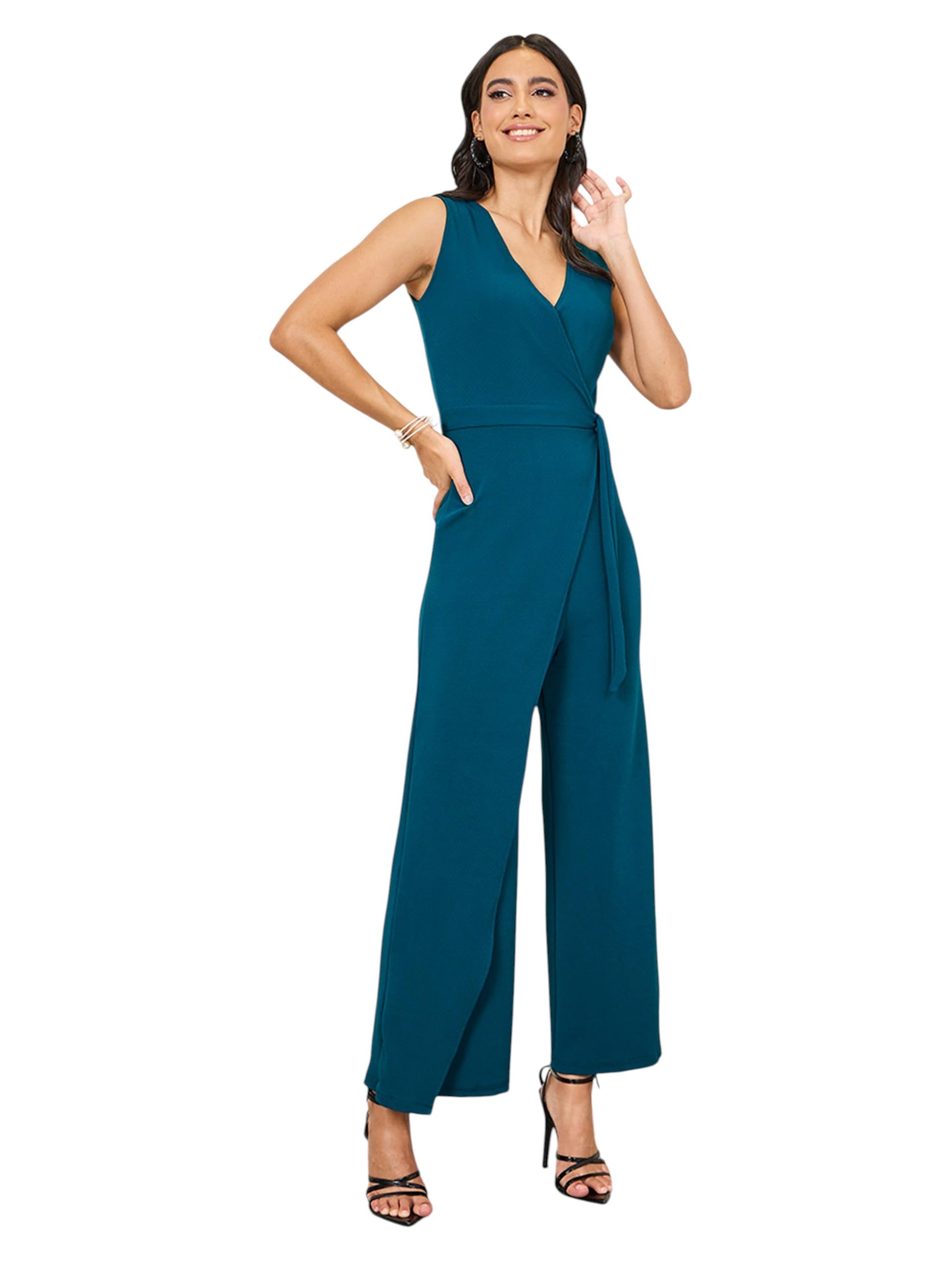 miss chase Women's Teal V-Neck Sleeveless Solid Wrap Regular-Length Polyester Jumpsuit-picture-25