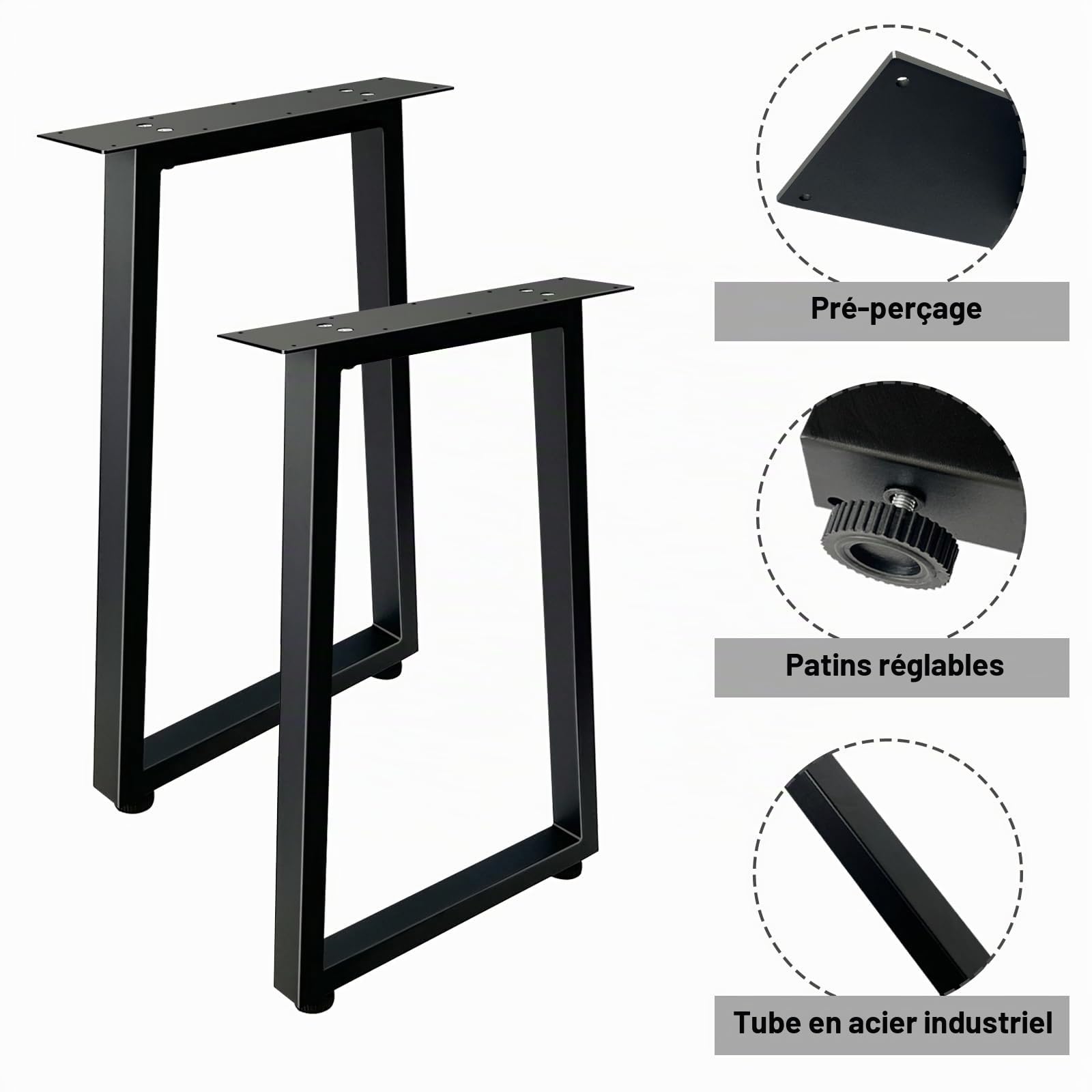 Jahof Pieds de Table Trapézoïdales, Lot de 2 Pieds de Meuble en Métal pour Table à Manger, Bureau (L50 x H70 cm)