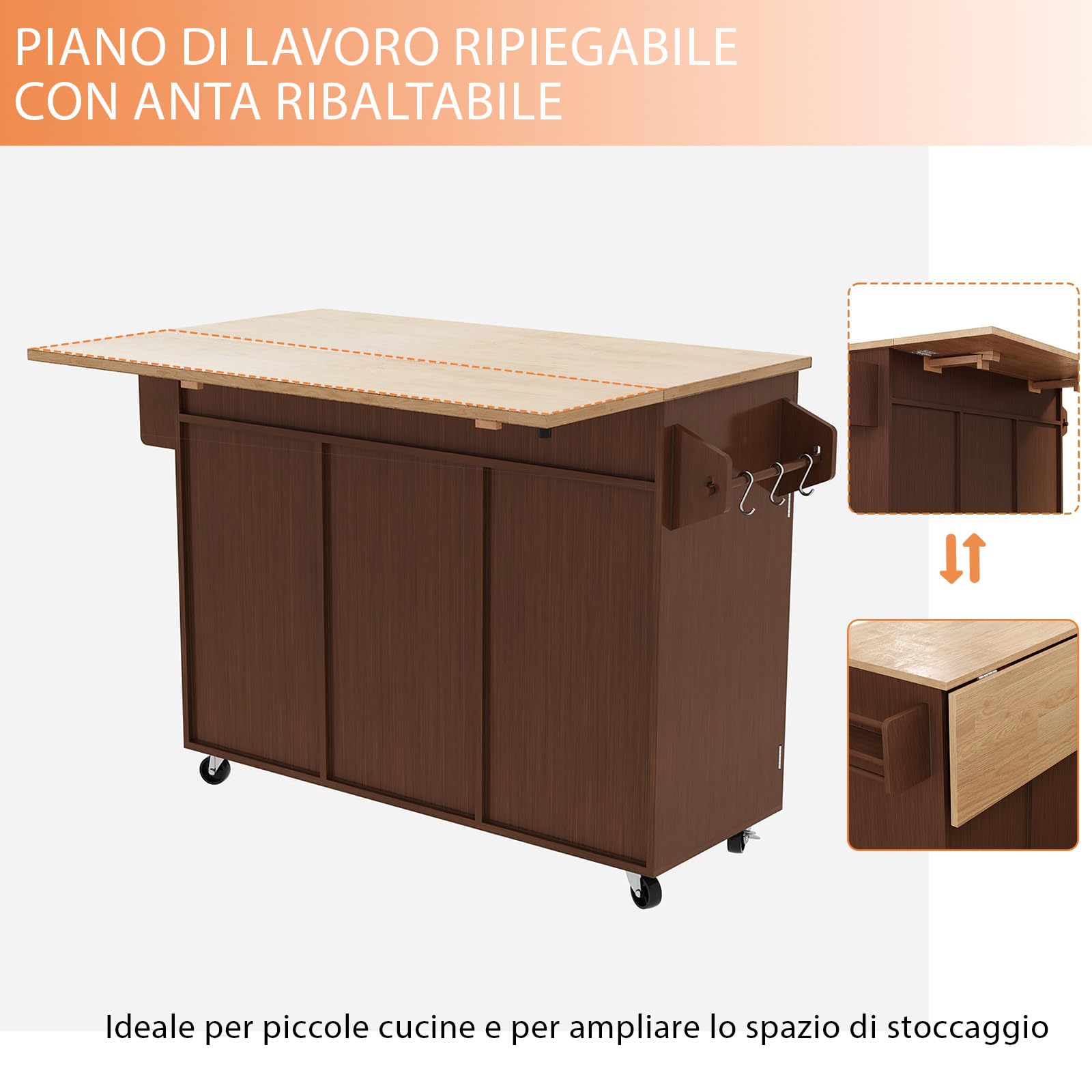 HOLTICO Isola Cucina Pieghevole con Ruote Bloccabili, Carrello Cucina Multifunzione con Piano Ribaltabile e Armadio di Stoccaggio, Arredo Salvaspazio per Cucina e Sala da Pranzo, Marrone Caffè