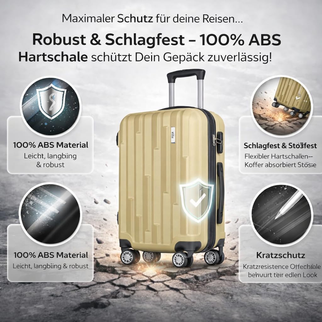POSH Handgepäck Koffer 55x40x23 cm - Leicht Klein ABS Hartschalenkoffer - Reisekoffer 35L mit Zahlenschloss - Trolley mit 2,5 kg und 360° Leichtlauf Rollen - Für Kurzreisen bis 4 Tage