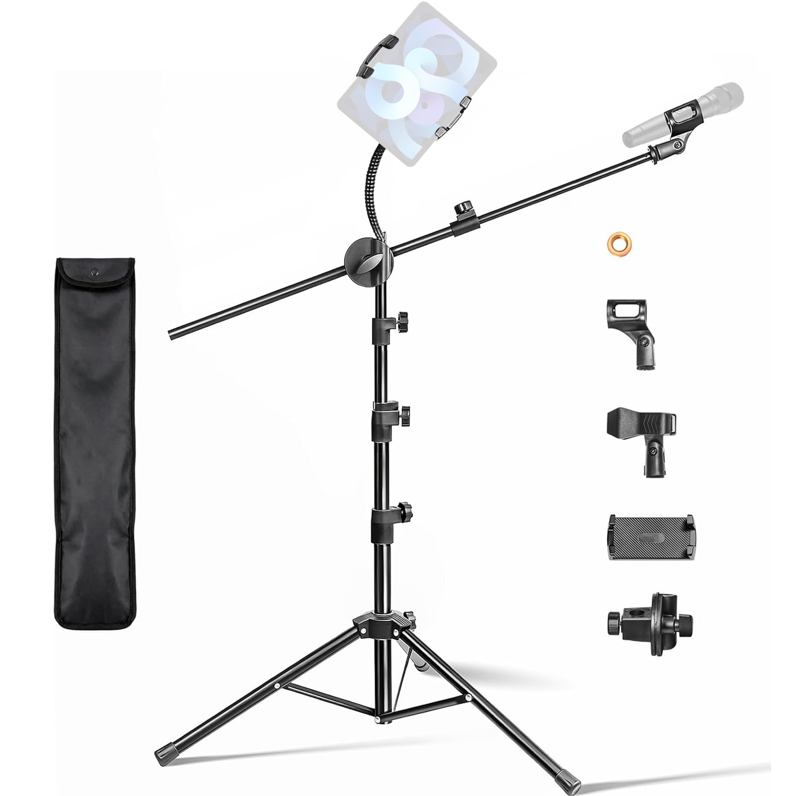 Mic Stand, 2 in 1 Microphone Stand Floor, 88 to 158cm Pad Microphone Dual-Use Mic Holder Hidden Line Design Boom Arm Dual-Use Mic Holder with Gooseneck Carrying Bag for Singing Stage Broadcast