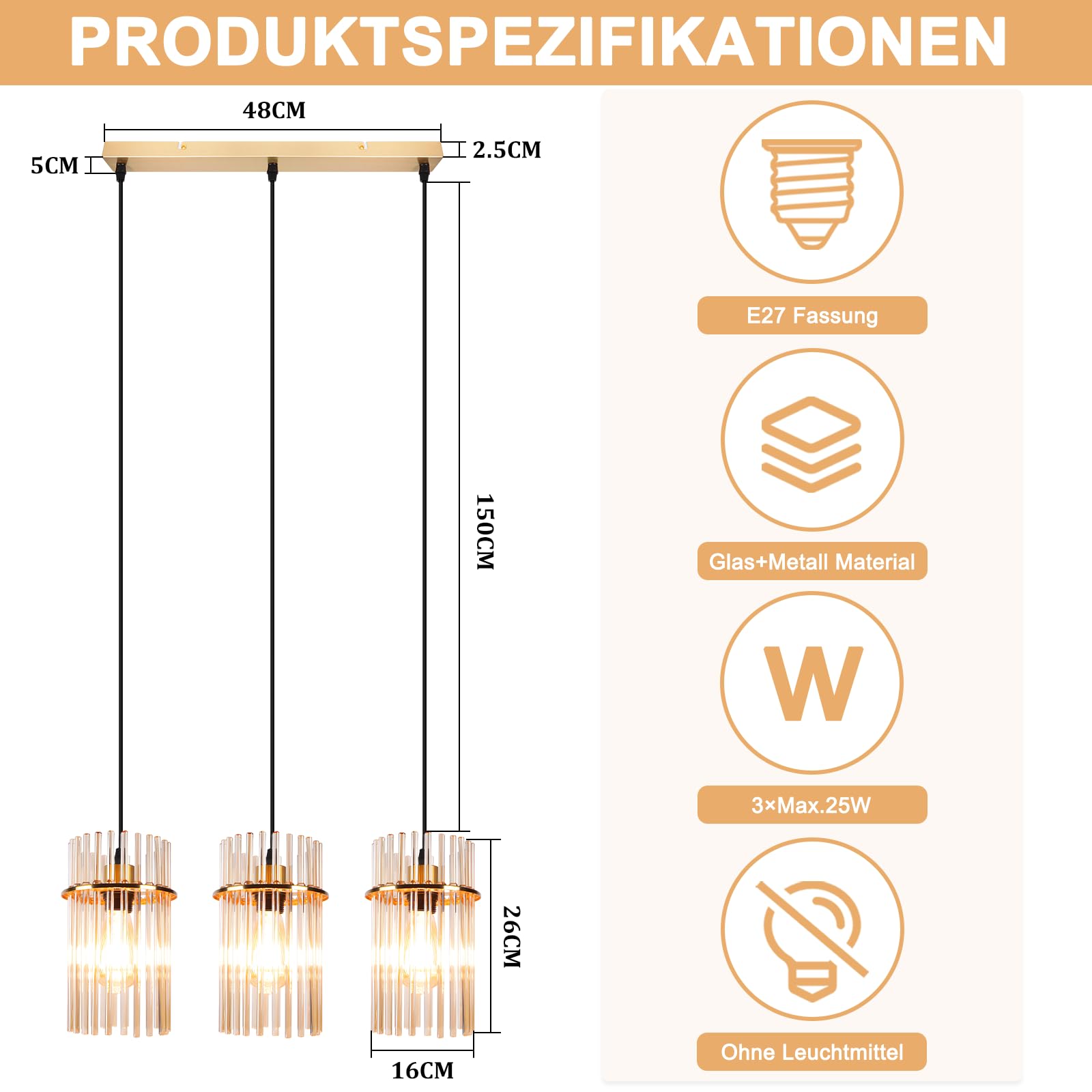 Suspension Luminaire 3 Lampe Verre Lustre Cuisine Doré E27