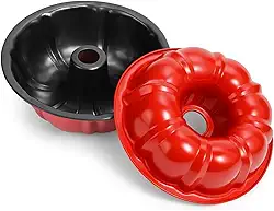 Forma Redonda Antiaderente com Furo Central, Aço Carbono, Vermelha e Preta, 24cm, para Bolos e Pudins, Revestimento Duplo, Fácil Limpeza, Resistente ao Calor