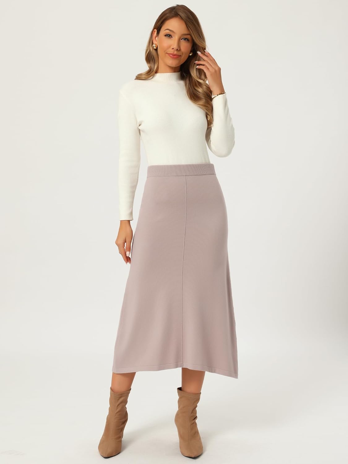 Seta T Women's Sweater Skirt Elastic High Waist Stretchy Ribbed Knit A-Line Midi Skirts Fall Winter Outfits - Image 4