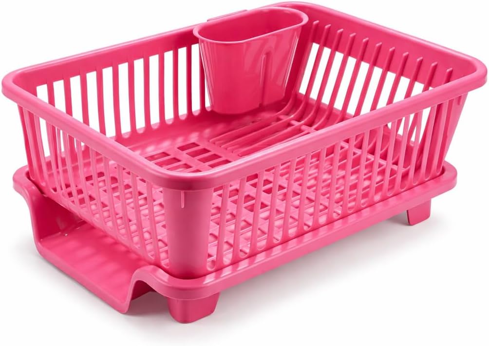 auram 3 in 1 Sink Dish Drying Rack - Large Durable Plastic Drainer with Tray - Multi Purpose Washing Basket & Dish Organizer for Plates, Bowls, Utensils, Cutlery & Kitchen Tools - (Pink)