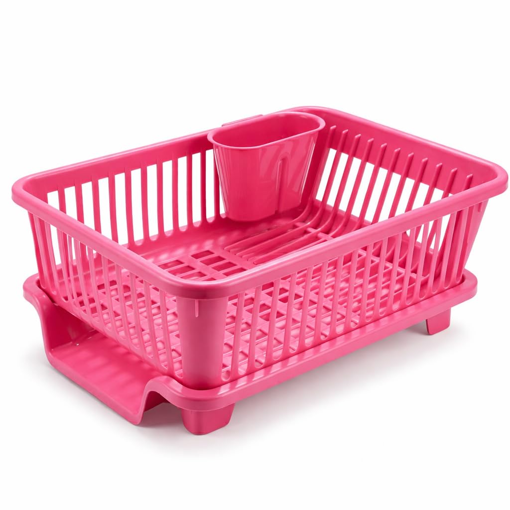 auram 3 in 1 Sink Dish Drying Rack - Large Durable Plastic Drainer with Tray - Multi Purpose Washing Basket & Dish Organizer for Plates, Bowls, Utensils, Cutlery & Kitchen Tools - (Pink)