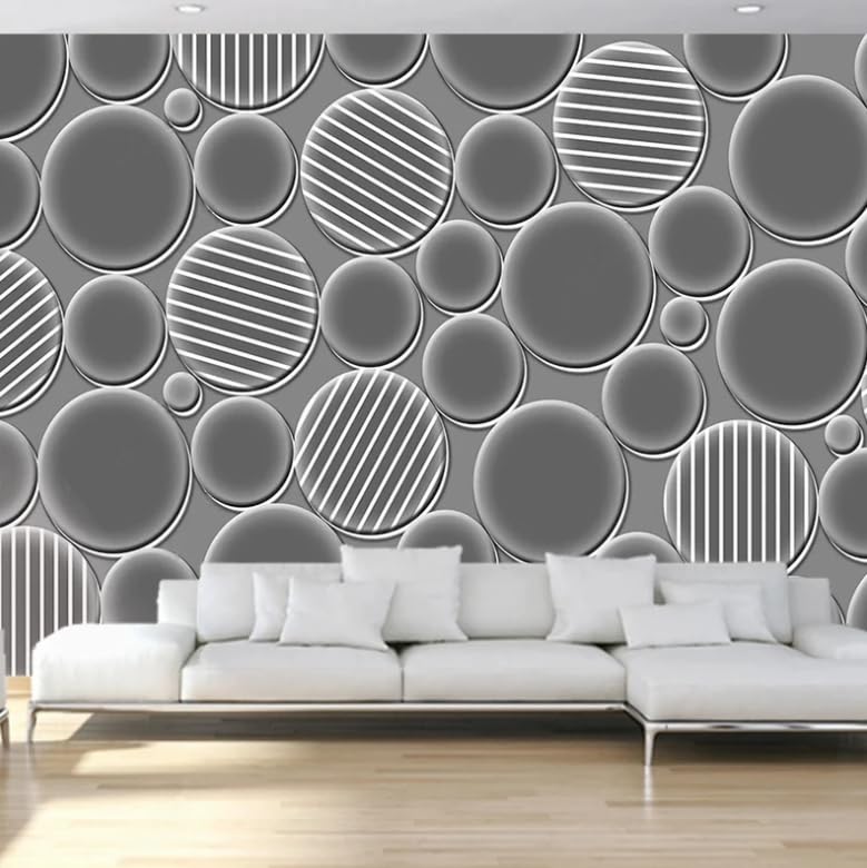 Papier peint 3D relief cercle gris pour masquer défauts mur TV - 3
