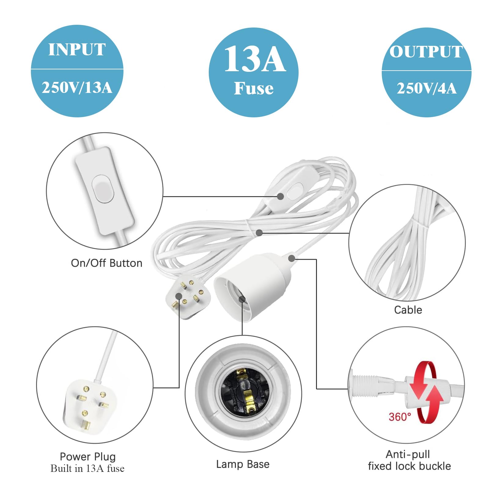 E27 Plug in Pendant Light, 1.8m(5.9ft) Lamp Cable Plug in Ceiling Light, 2 Core Cable Plug with On/Off Switch with 5A Fuse - Image 3