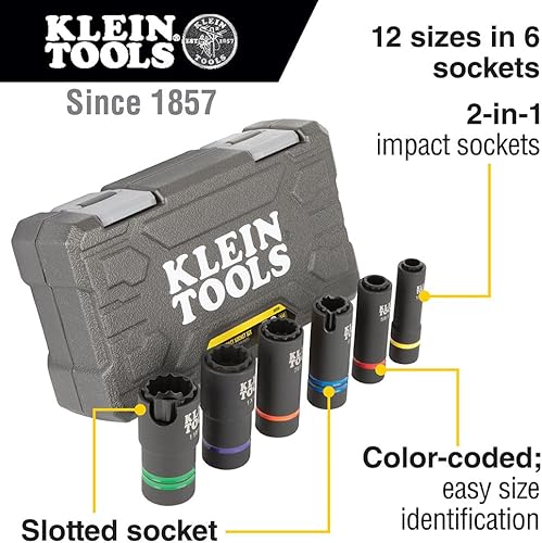 Miniatura 2 de Klein Tools 66090 Juego de llaves de impacto de 12 pulgada, diseño ranurado 2 en 1, enchufes profundos de 12 puntos, para llaves de impacto, incluye