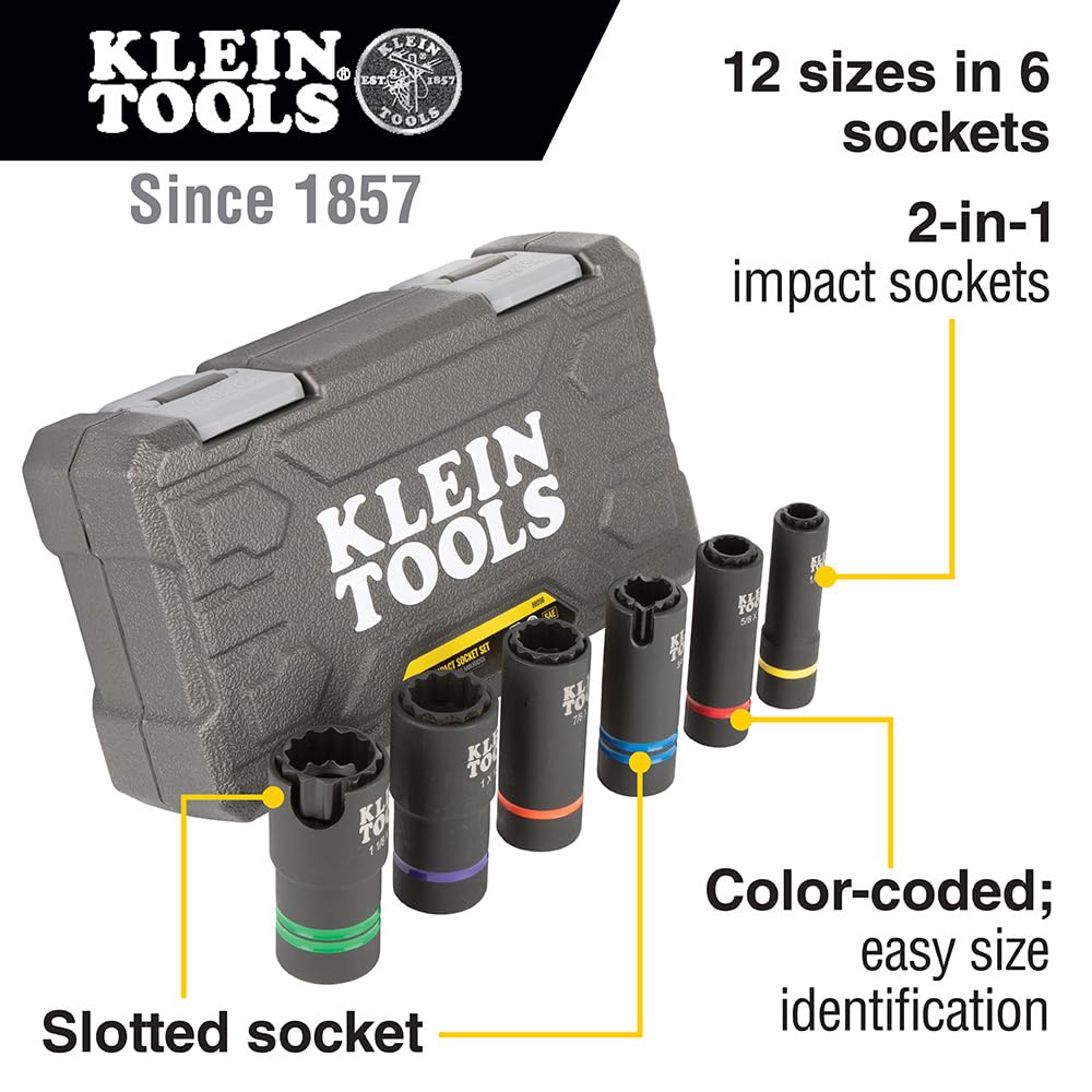 Klein Tools 66090 Zestaw nasadek udarowych 1/2 cala, konstrukcja szczelinowa 2 w 1, 12-punktowe głębokie nasadki, do kluczy udarowych, zawiera walizkę narzędziową, 6-częściowy