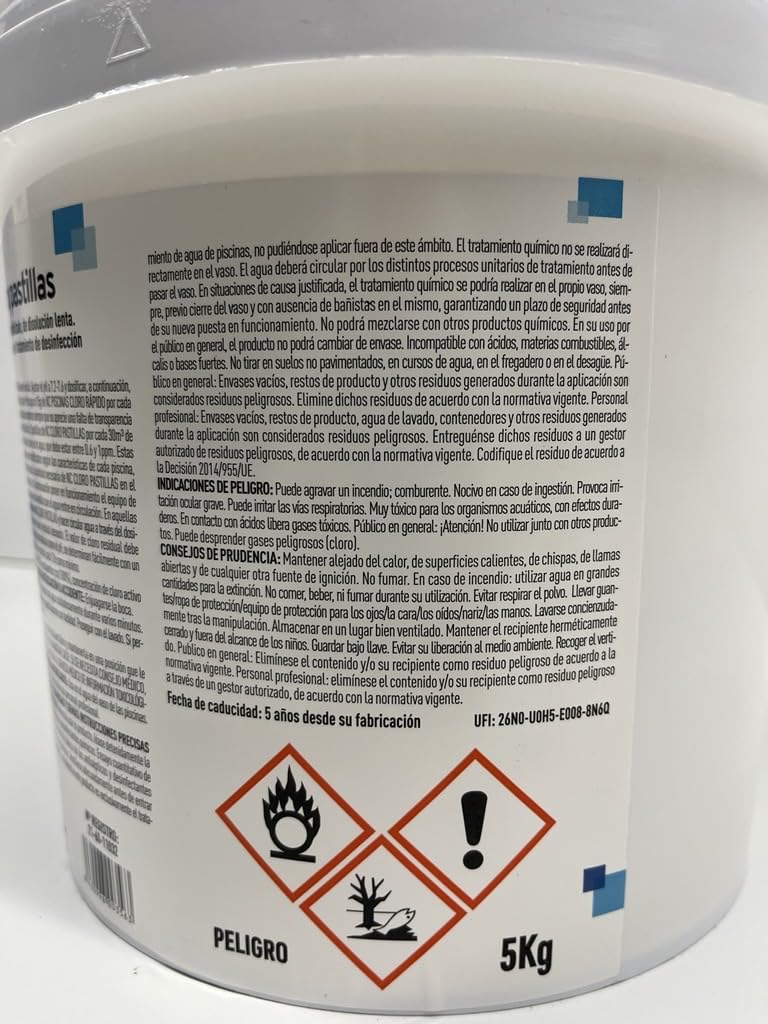 NC - Cloro en Pastillas o Tabletas de 200g. Disolución Lenta. Mantenimiento del Agua para Todo Tipo Piscinas. 5Kg.
