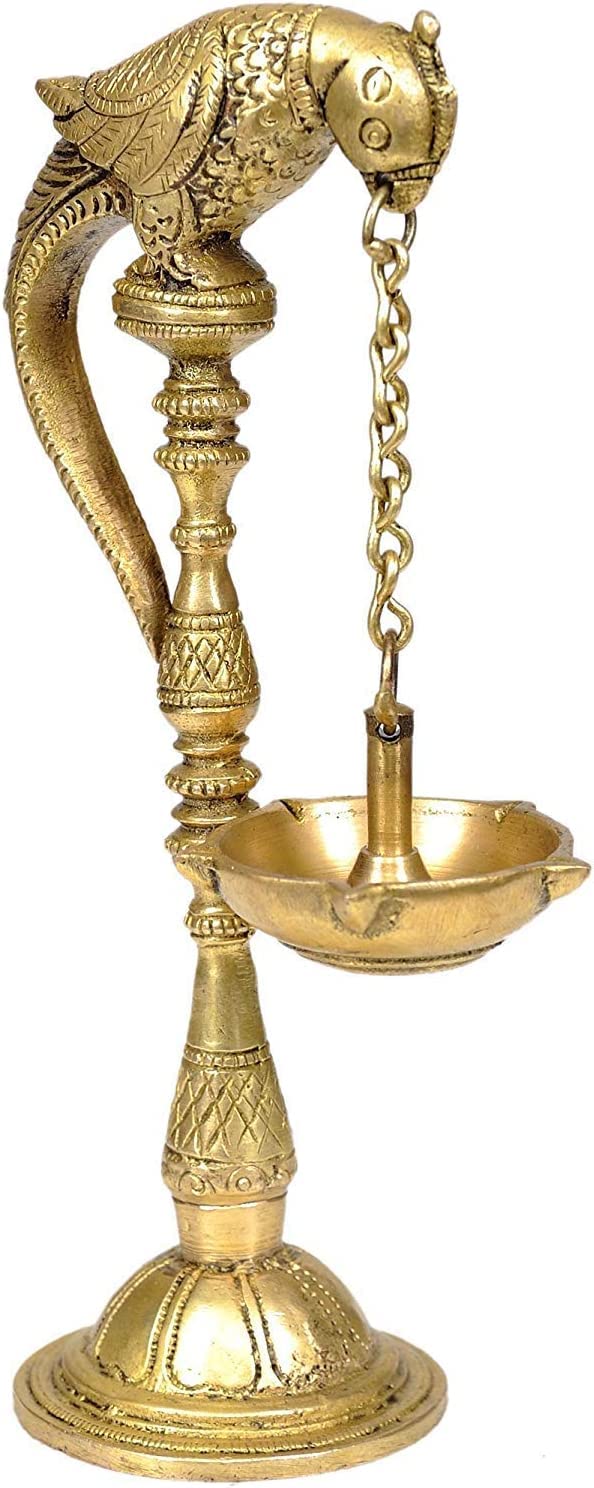 Five-Wick Peacock Hanging Oil lamp with Stand - Brass Statue