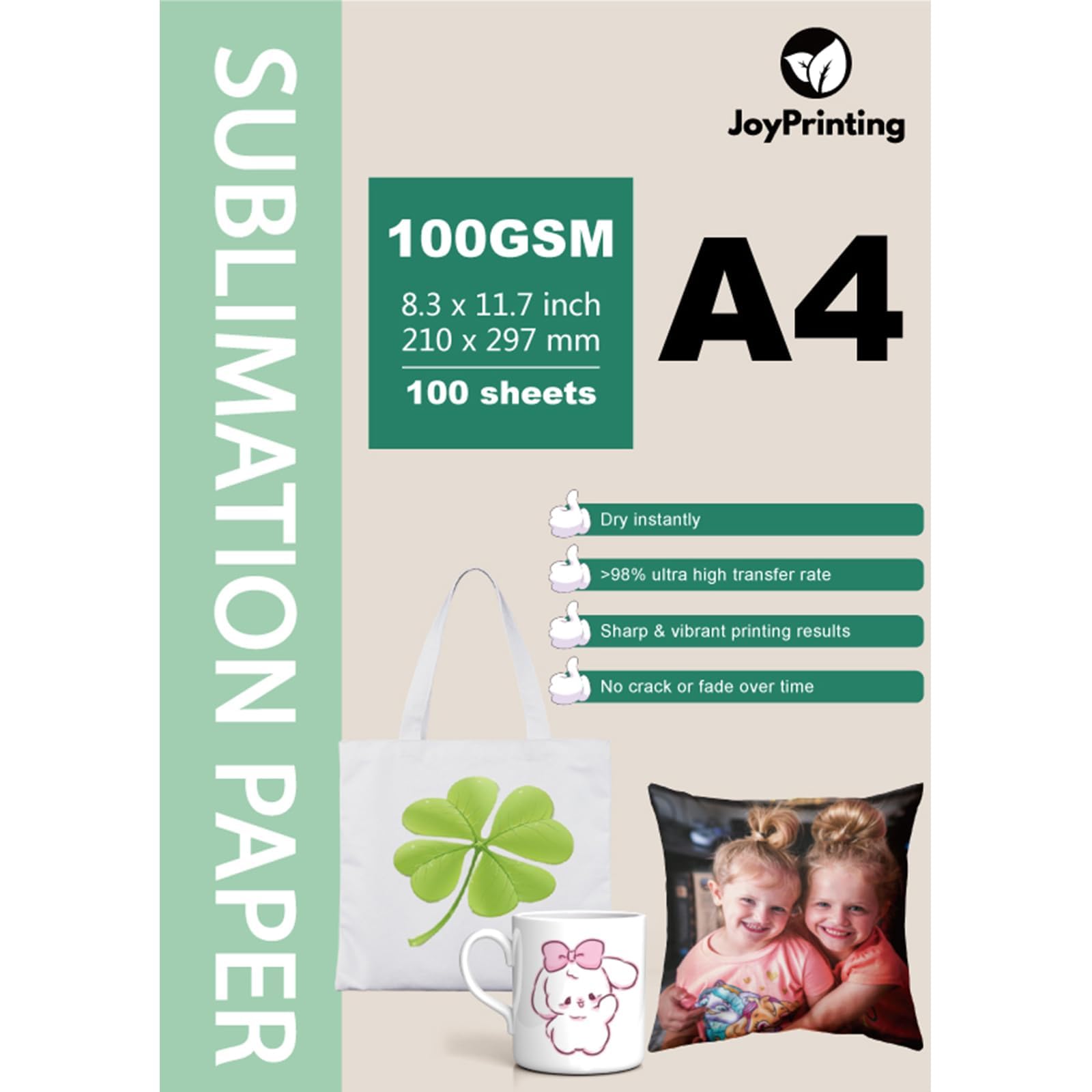 Lot de 100 feuilles de papier de sublimation compatible avec imprimantes à sublimation EPSON, SAWGRASS, RICOH, Brother (A4, 210 x 297 mm, 100 feuilles)