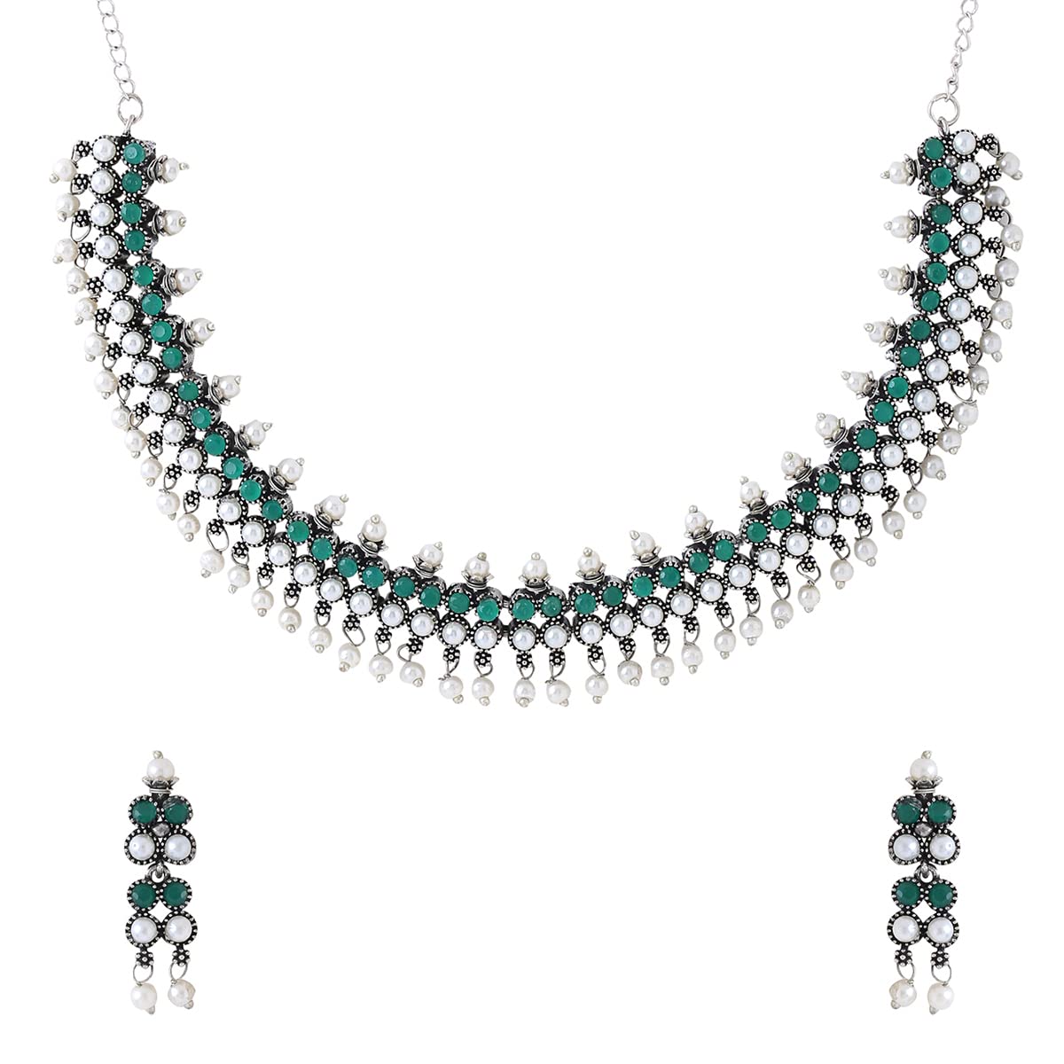 Yellow Chimes Jewellery Set for Womens Silver Oxidised Green Stone Studded Pearl Drop Designed Coker Necklace Set for Women and Girls (B0BDSCWQFL) Amazon Price History, Amazon Price Tracker