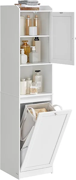 VASAGLE Tall Bathroom Cabinet with Laundry Basket, Removable Laundry Basket with Handles, Compartment with Door, Linen Tower, 15.8 x 15.8 x 66.9 Inches, Cloud White UBBC761W01