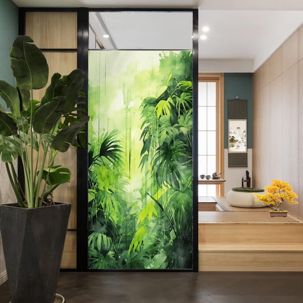 Fensterfolie mit Aquarellblättern, dekorativ, abstrakt, grün, tropischer Wald, Pflanze, Buntglas-Fensterfolie, Sonnenblockierung, Hitzekontrolle, kein Klebstoff, Fensterabdeckungsfolie für