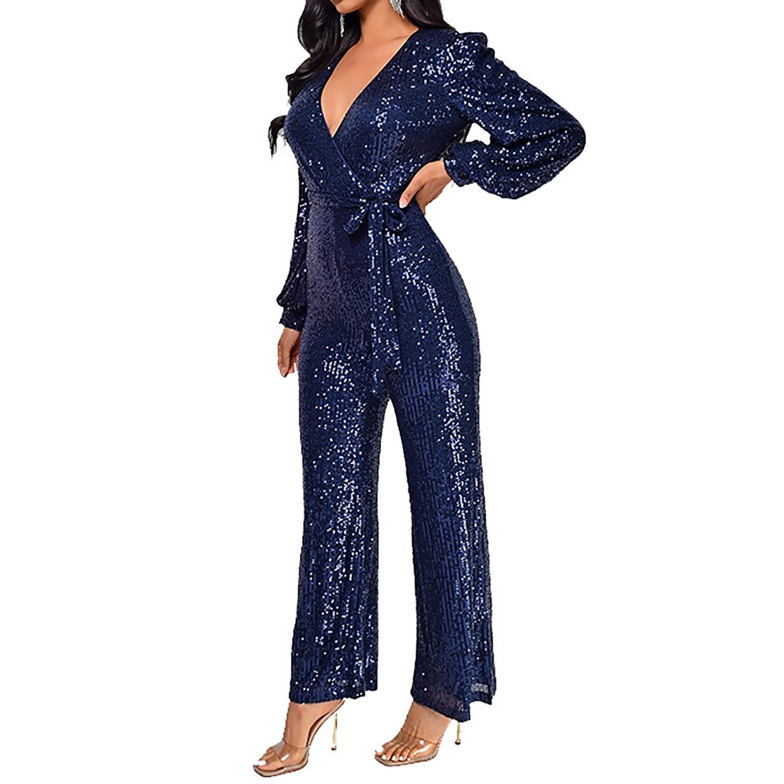 Combinaison à paillettes pour femme - Paillettes brillantes - Col en V - Manches longues - Barboteuse droite et large - Pantalon long, noir foncé, S
