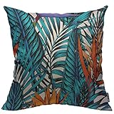 Mugod Tropical Leaves Throw Pillow Cover Blue Leaves Palm Tree and Orange Flowers Seamless Pattern D