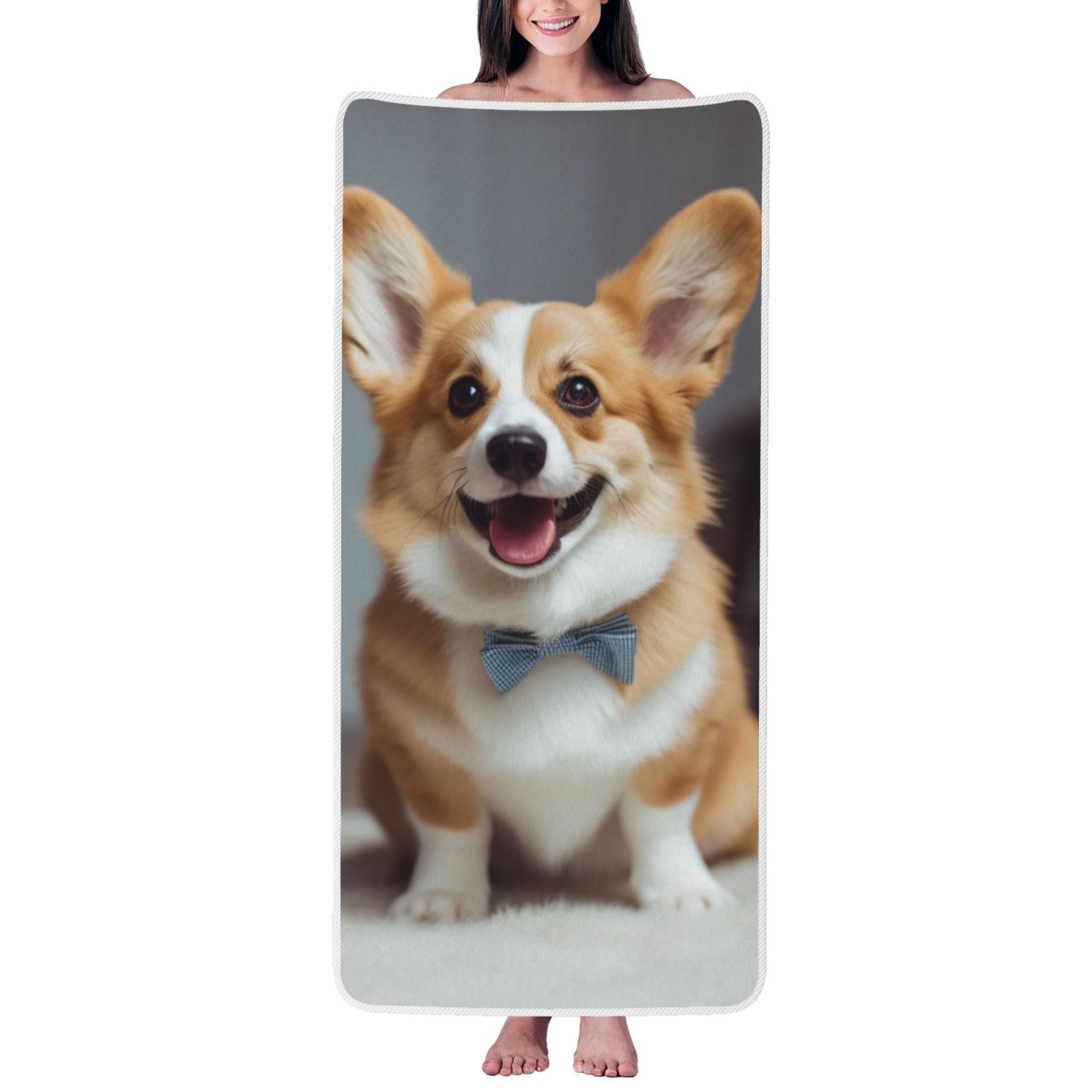 WPKJU Cute Corgi Art Printed Bath Towel with White Edging - 27x55 in Soft Extra Absorbent Coral Velvet Shower Towels for Bathroom