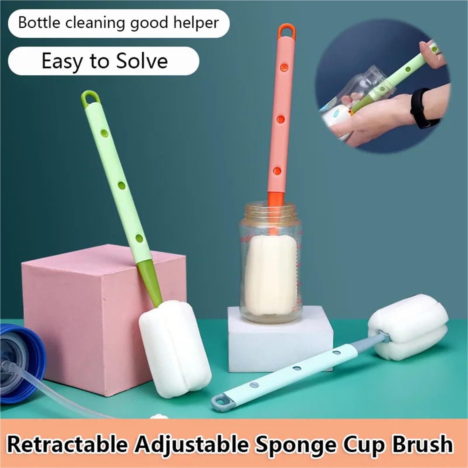 goupillon bouteille Brosse de nettoyage à manche Long réglable, éponge multifonctionnelle for bouteilles en verre, tasses, outils cuisine, usage domestique(WHITE,5PCS)