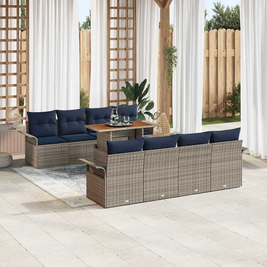 Juego de sofá de jardín con espacio de almacenamiento de 9 piezas gris de poliratán, resistente a la intemperie, juego de muebles para terraza, balcón con cojines, modular, cómodo, fácil de