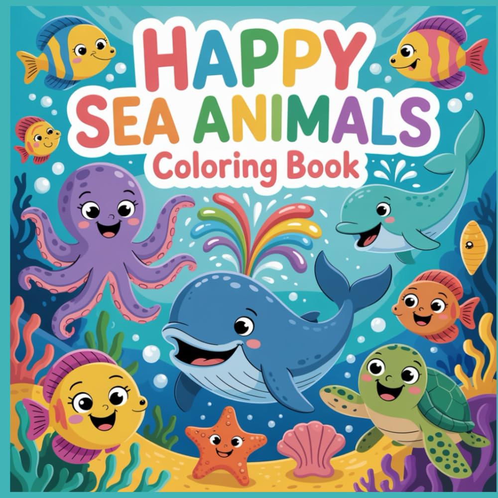 Happy Sea Animals Coloring Book: Cute and Easy Ocean Coloring Pages for Kids Ages 5–10