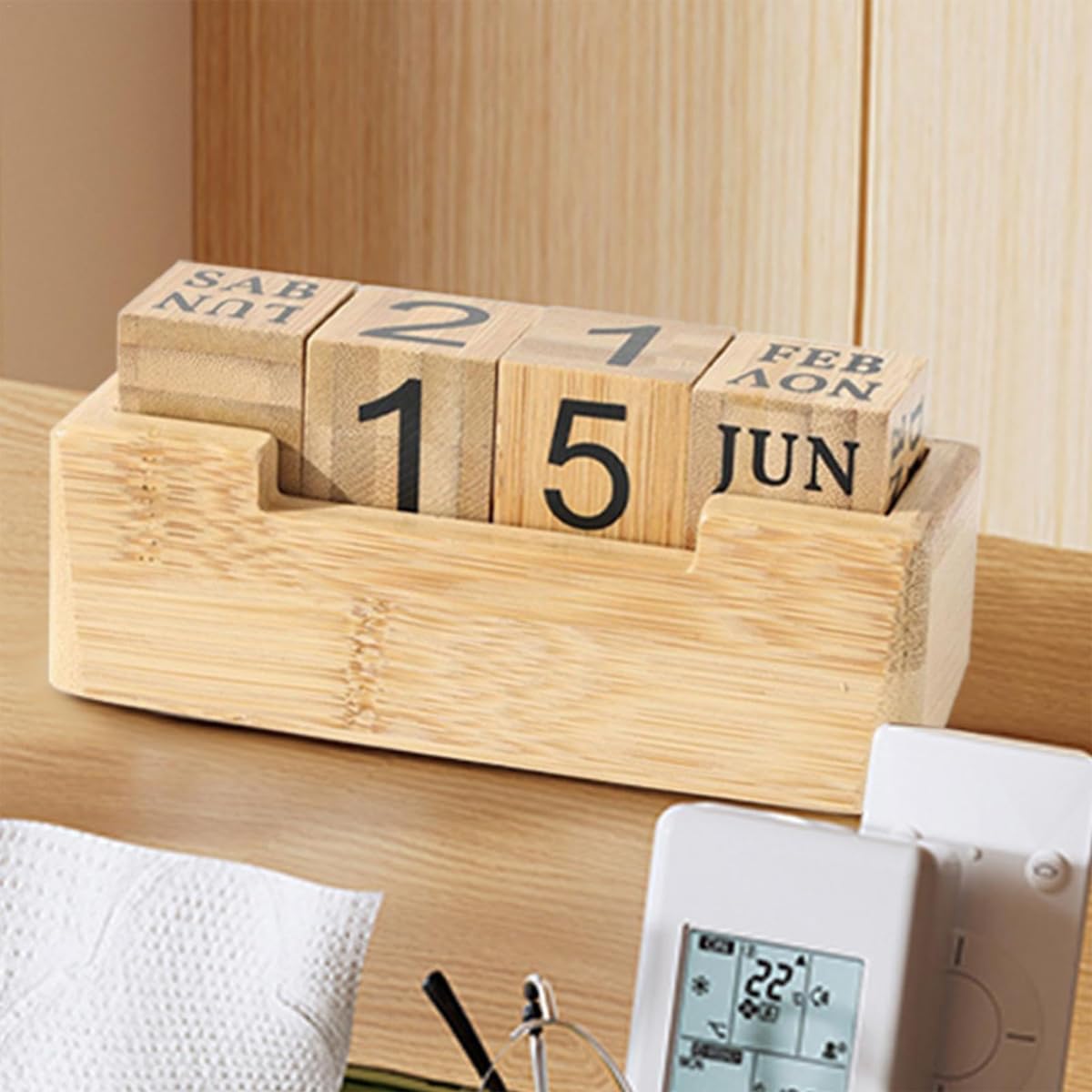 Cubo Digital de Madera Calendario perpetuo de Madera Calendario de Escritorio Cubo de Calendario de Madera Bloque de visualización de Mes, Fecha y día de la Semana de Escritorio de Madera