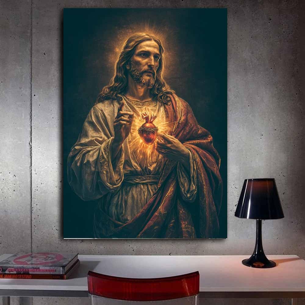 HUYEEI Jezus płótno ścienne święte nordyckie objawienie Jezusa druk na płótnie dekoracja plakat do dekoracji kościoła sypialnia (czarny)-60 x 80 cm oprawione