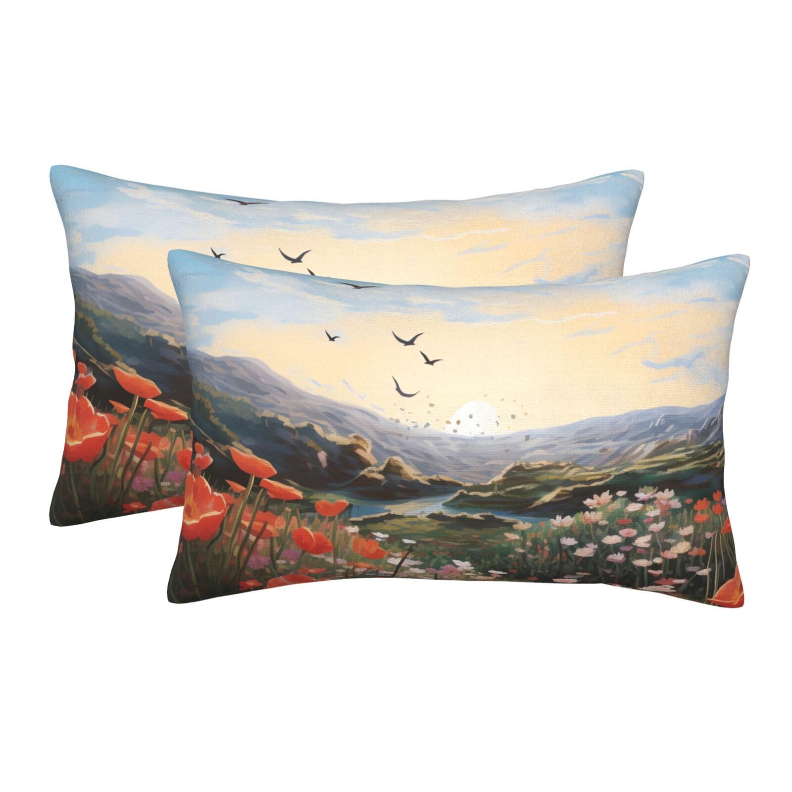 2 Pack Standard Size Pillow Cases for Hair and Skin Soft Breathable Pillow Case Covers with Hidden Zipper Birds Flying Over Flower Fields Pillowcase 14"x20" Pillow Cover for Sleeping Gift
