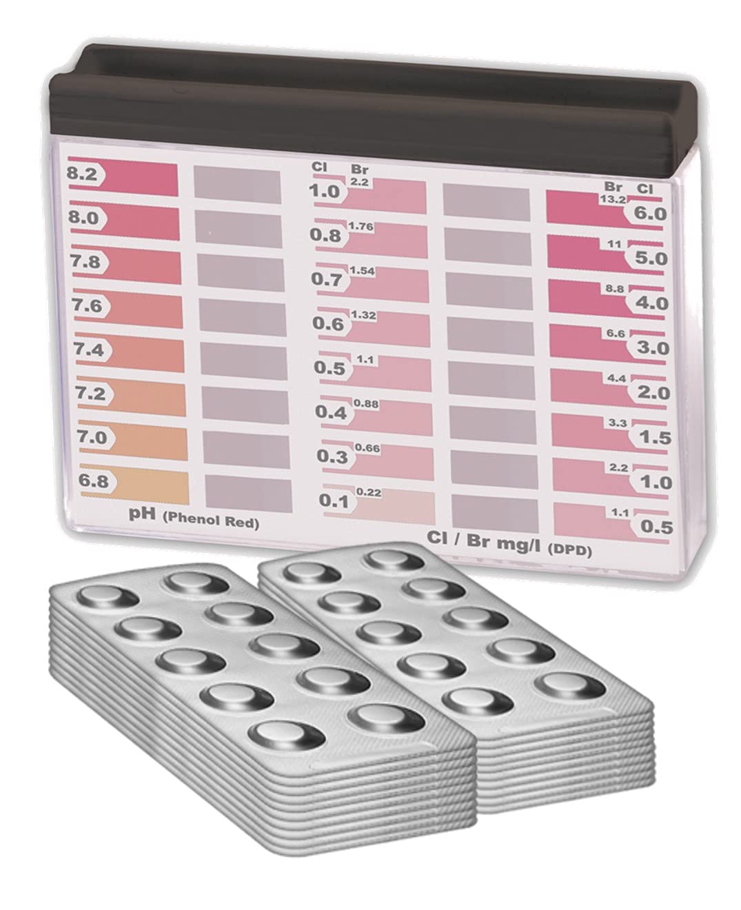 Tester wody Premium Rapid Methode Chlor pH, z 200 tabletkami, 100 x Phenol Red i 100 x DPD1, wyświetlanie 16 różnych wartości pomiarowych