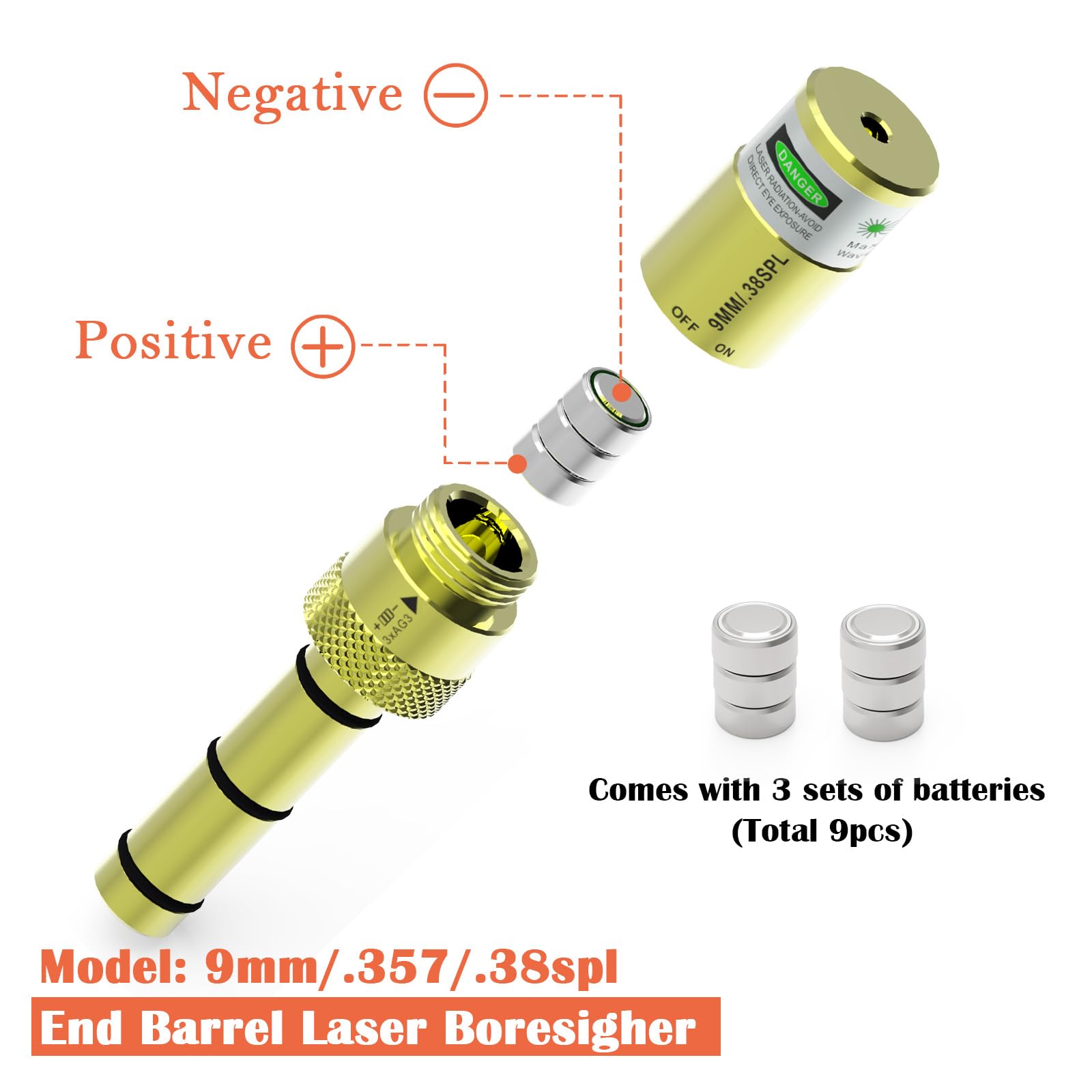 Bayattoo 9mm/.38 Special/.357Mag/.380acp Special Green Laser Boresighter End Barrel Laser Bore Sight with Switch Turn ON/Off, Accurately and Easy to Use