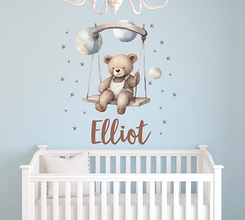 Miniatura 4 de Calcomanías de pared de oso de peluche con nombre personalizado, diseño de estrellas, nubes de luna, estrellas, calcomanías de pared para dormitorio