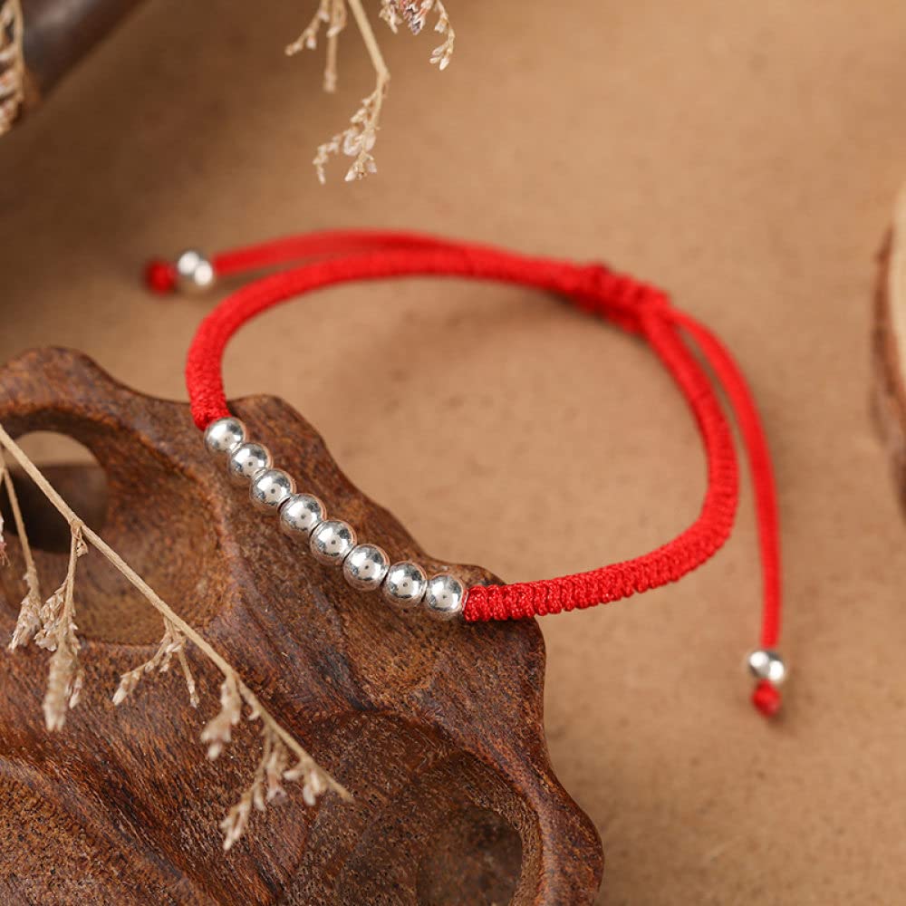 Bracciale Rigido in Argento for Donna, Bracciale Intrecciato in Corda Rossa con Perline in Argento S925 Braccialetti dell'amicizia Regolabili Gioielli di Moda fortunati