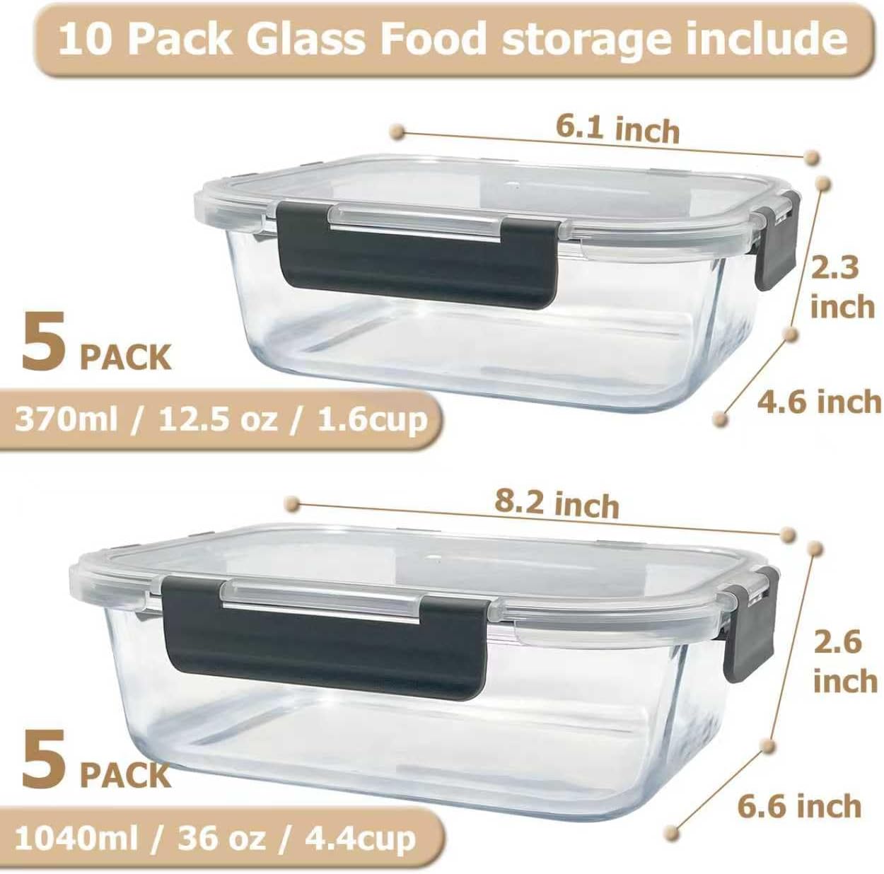 10 Pack Glass Meal Prep Containers with Lids Airtight 36oz & 12.5oz, Stackable Glass Food Storage Containers BPA Free, Leak Proof, Microwave, Oven, Freezer and Dishwasher Safe