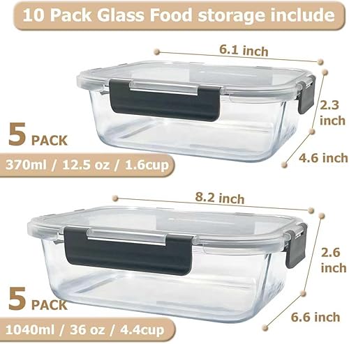 Miniatura 2 de Paquete de 10 recipientes de vidrio para preparación de comidas con tapas herméticas de 36 onzas y 12.5 onzas, recipientes de vidrio apilables para