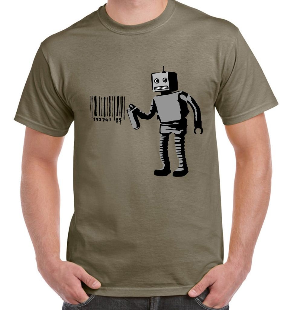 Banksy Robot Barcode Men's T-Shirt (2XL, Khaki)