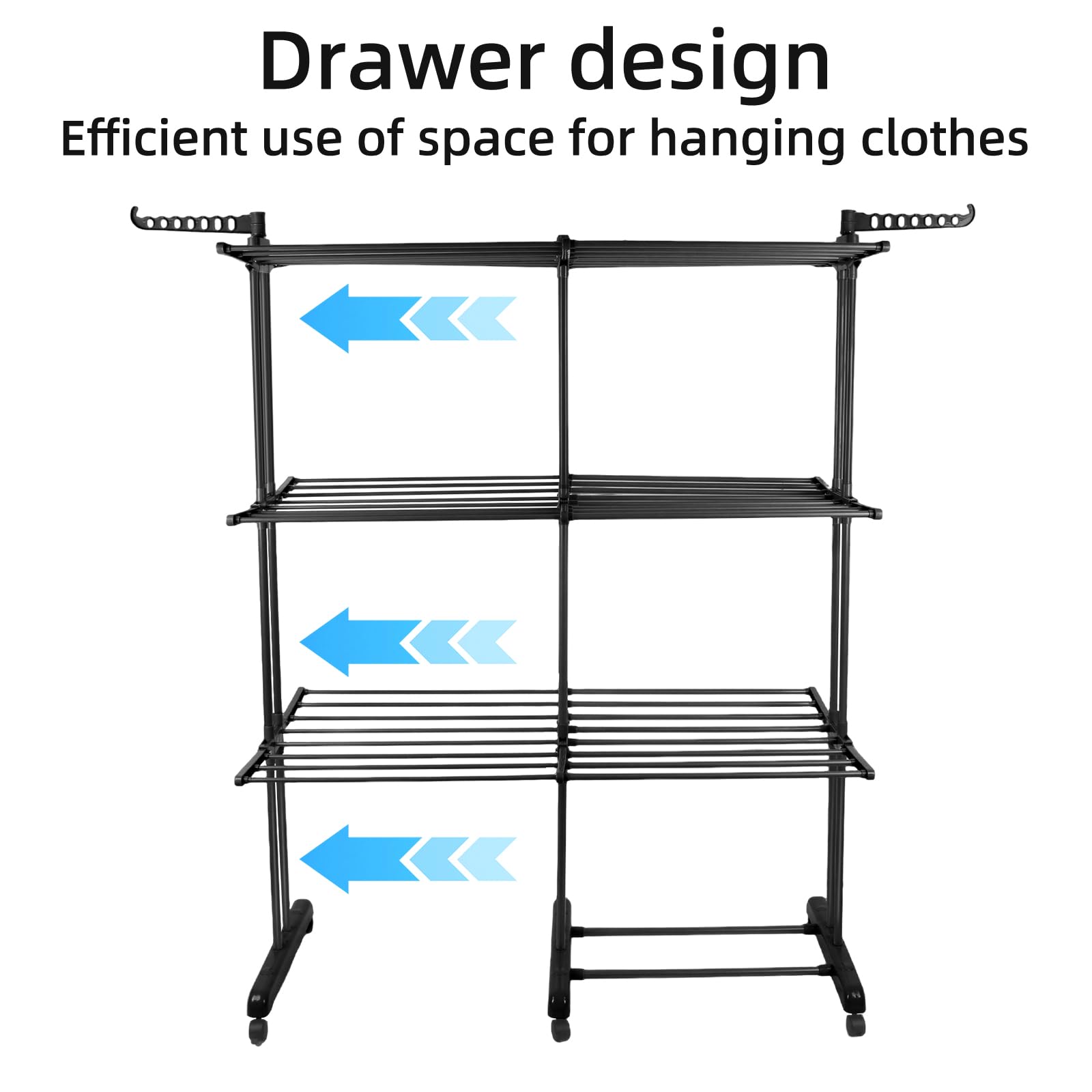 HUOLE Séchoir à Linge Tour Peu encombrant, étendoir à Linge Extensible, Table de Lavage Pliable pour l'intérieur et de Grandes familles,49 x (75-132) x 170 cm (Noir + Tube Noir)