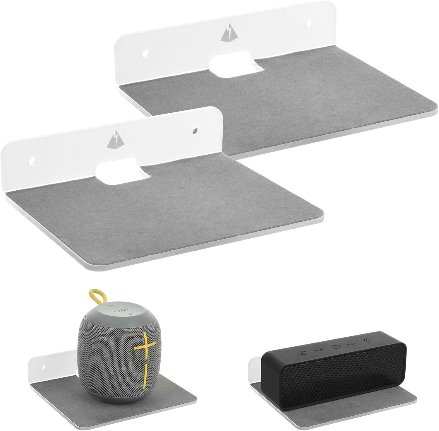 TXEsign Wall Shelves - 2 Pack, Small Wall Mount for Speaker, Webcam, Cell Phones, Display Shelf (Silky White & Transparent, Medium)