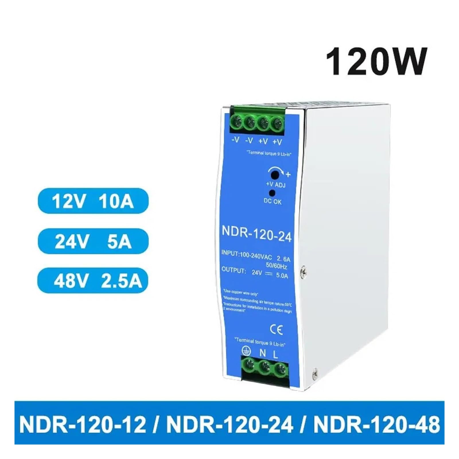 Zasilacz impulsowy, NDR120W Wejście 100 V-220 V AC na DC Przemysłowy zasilacz impulsowy 12/24/48 V na szynę DIN,do pasków LED, drukarek 3D, radia(NDR-120-24 24V5A)