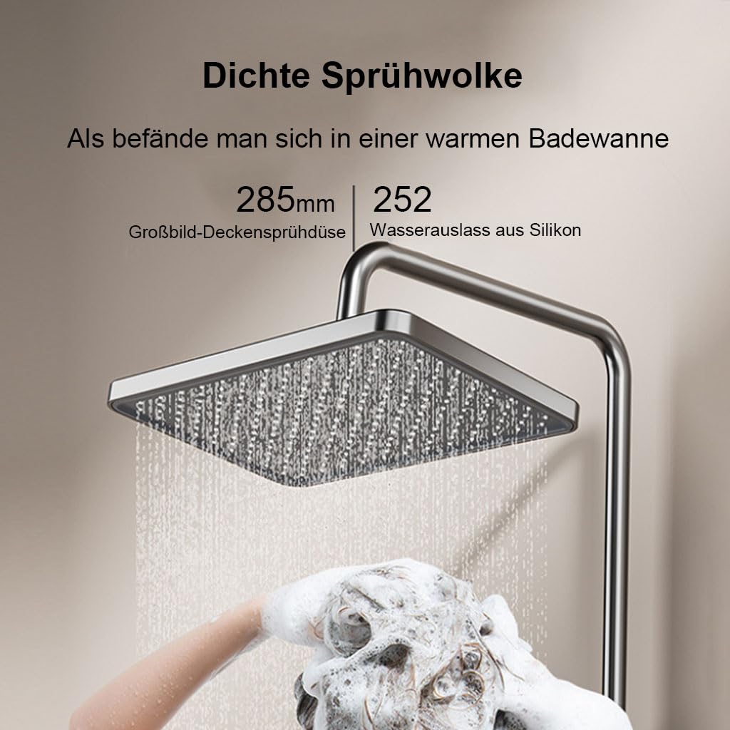 Saliscendi Doccia con soffione Grigio Metallizzato 4 funzioni | Saliscendi doccia grigio metallizzato,soffione 285mm,4 modalità pulsanti,ripiano portaoggetti,asta regolabile