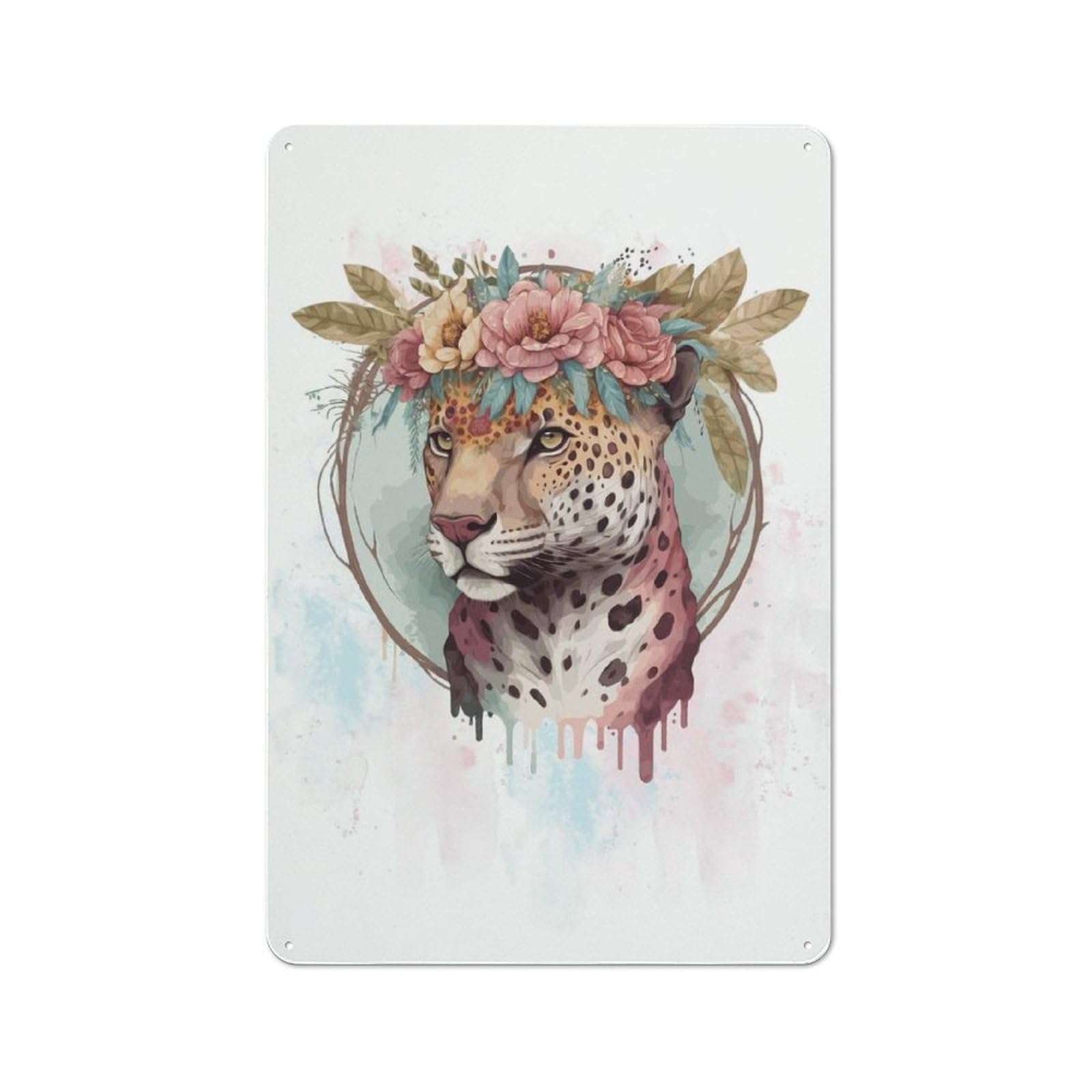 Junmoney Style-8 Classic Metal Plaque 30X20cm Featuring Floral Watercolor Jaguar, Bistro Wall Plaque For Kitchen, Cafe, Pantry Or Dining Room