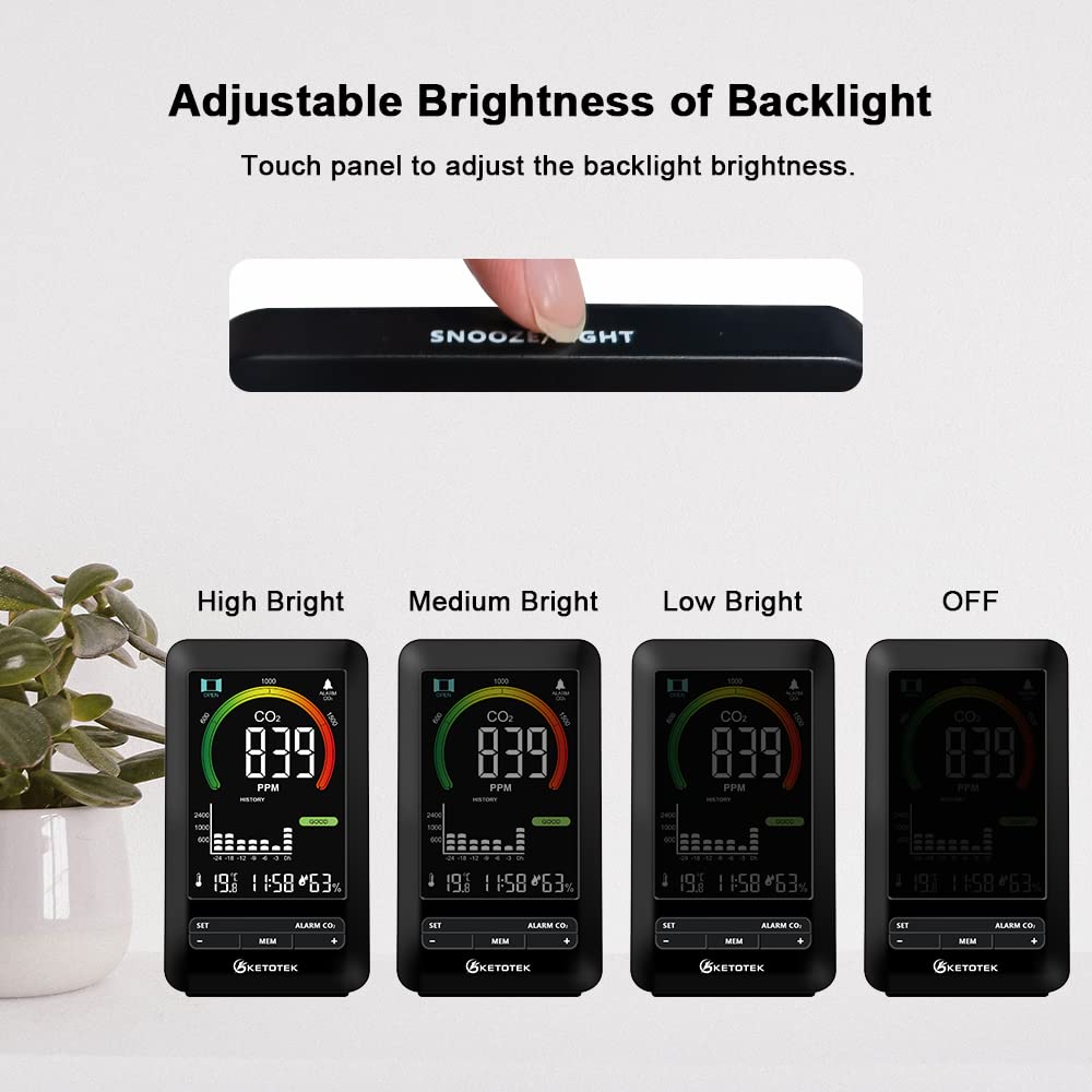 KETOTEK Medidor de CO2, Detector de CO2, Monitor de Calidad del Aire analizador con Alarma, Detector de dióxido de Carbono, Temperatura, Humedad