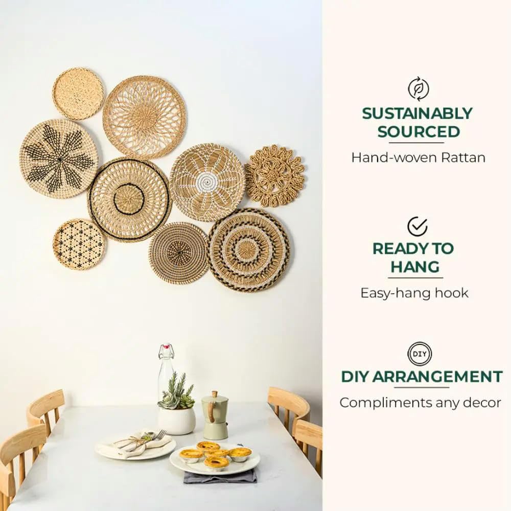 Juego de decoración de Pared de 9 Decoraciones para el hogar, decoración de Pared de ratán, Cesta de Mimbre, cestas Colgantes para Pared, Platos Decorativos para Pared