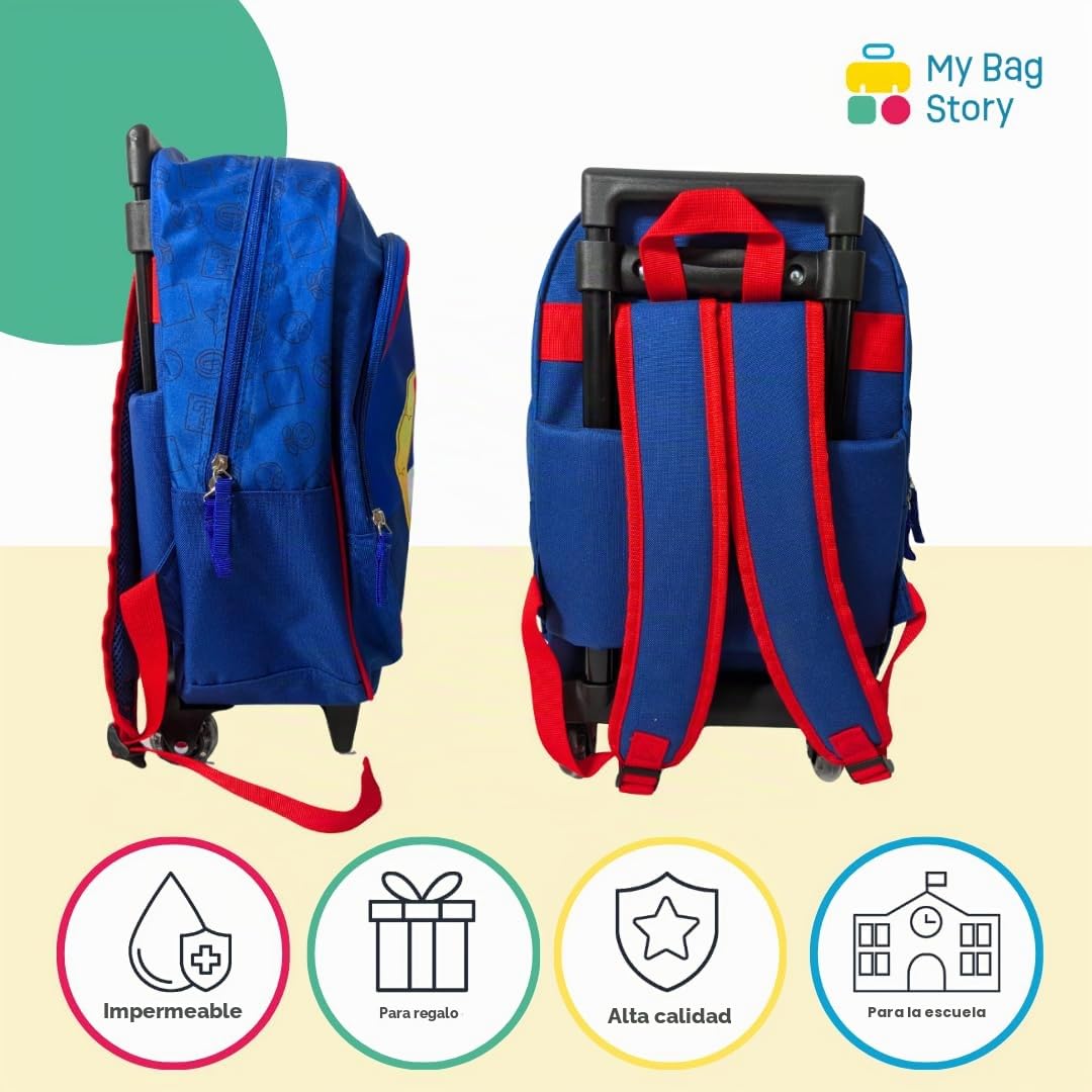 Mybagstory Super Mario - Mochila con ruedas - 47x27x16 cm - Bolsillo grande + delantero - Trolley escolar - Producto oficial Super Mario, Sonic - Azul | Bolsillo grande + bolsillo delantero, Trolley infantil de guardería y primaria y producto oficial Supe
