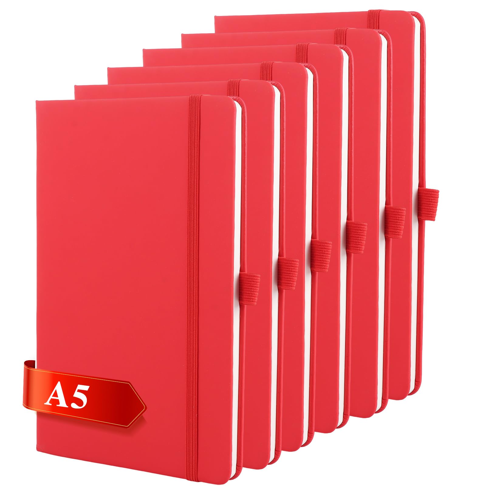 LOPYXBR 6PCS Red A5 Notebook PU Leather Note Book A5 Lined 200 Pages/100 Sheets Writing Books Notepads A 5 with Elastic Strap Hardback Work Notebook for Writing(Red)
