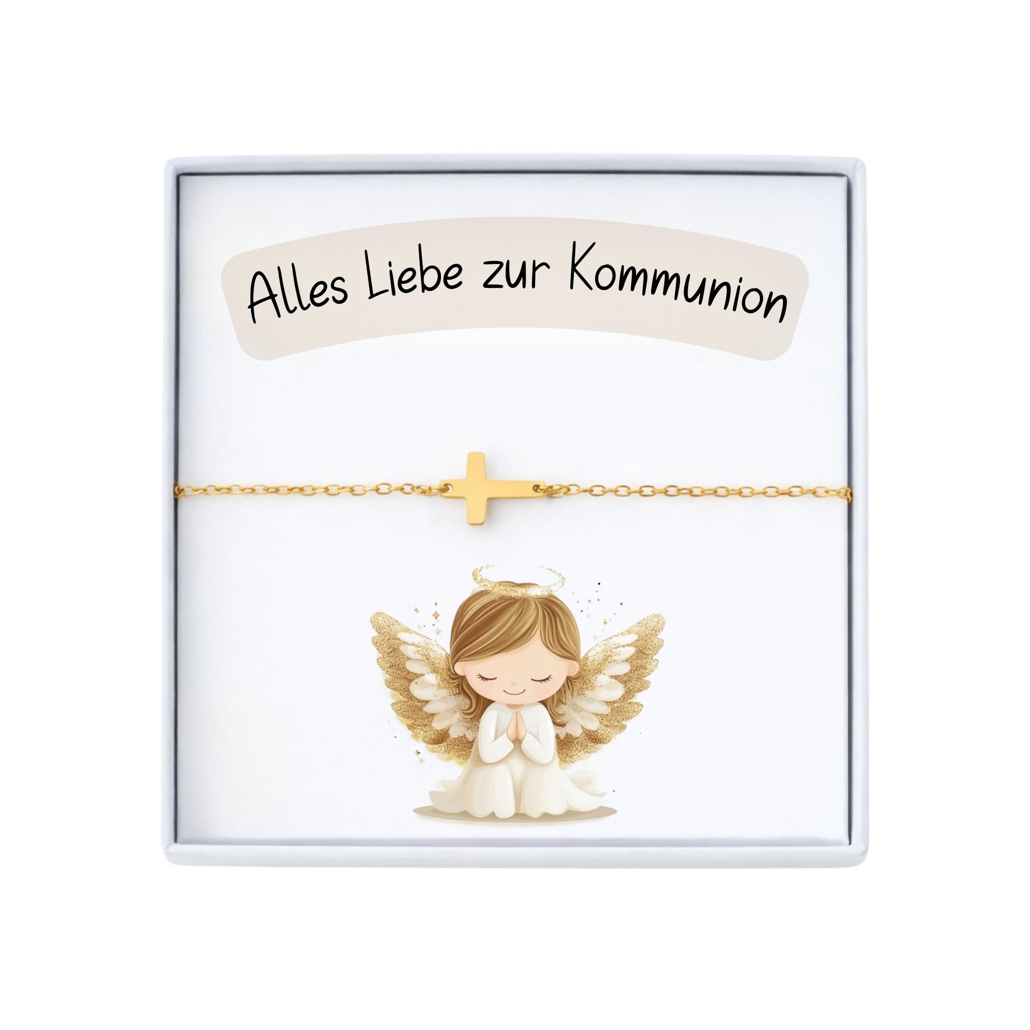 Armband Kinder – Kreuzarmband – Geschenk zur Kommunion – Verstellbares Armband Mädchen & Junge (12+3 cm) mit Geschenkbox (Gold)