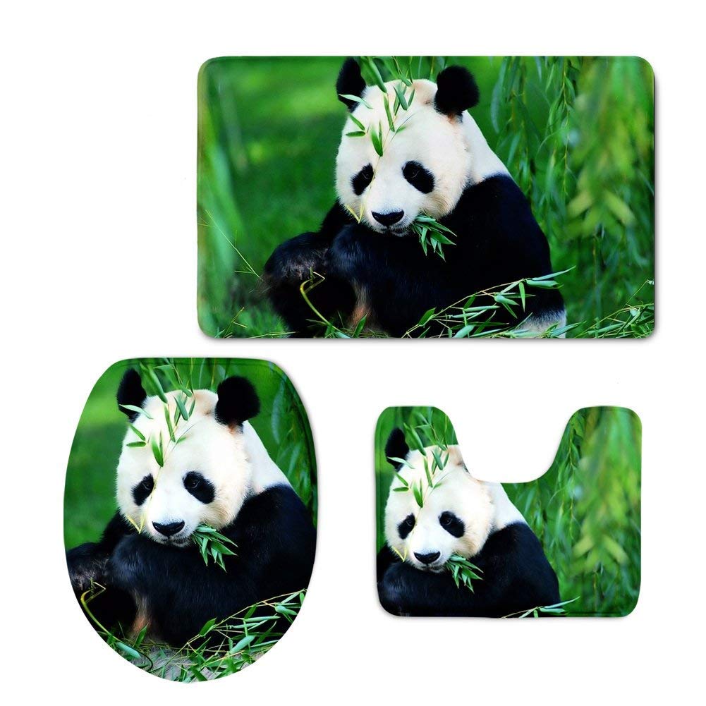 fengxutongxue Panda Green 3 Piece Bathroom Set Soft Bath Rugs/Contour Mat/Toilet Lid Cover