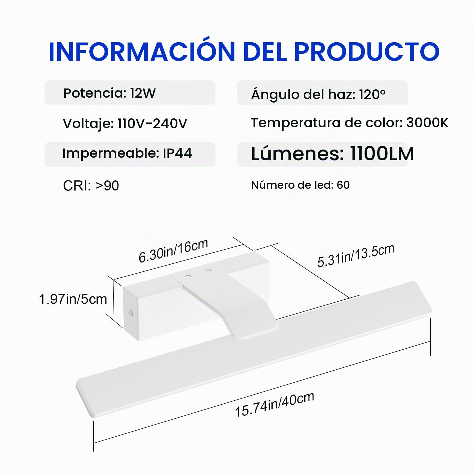 Klighten Lampara Espejo Baño Led 40cm, 12W 1100 Lumen, IP44 Luz Espejo Baño, Aplique Espejo Baño Aluminio Moderno, 60 LEDs, Blanco Cálido 3000K, Blanco